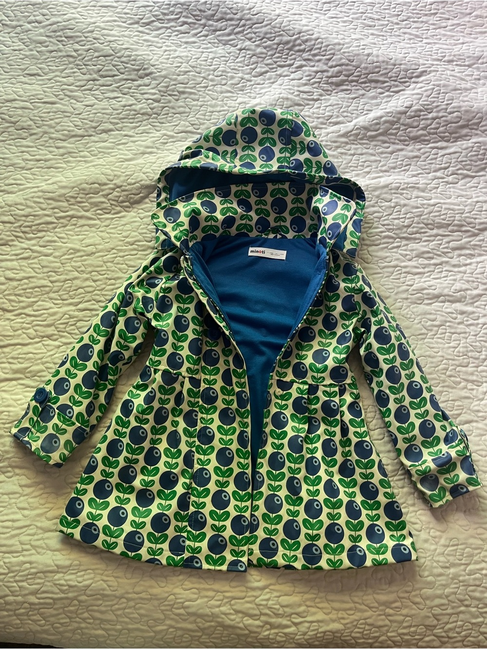 Children's Hooded Blueberry-Print Raincoat in Green & Blue